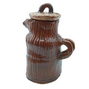 Vintage Handcrafted Studio Pottery Jug With Lid and Double Handle, Rough Bark